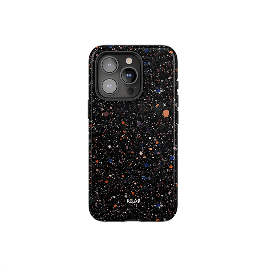 Obsidian Mist paint splatter phone case by KELAB featuring a minimalist black design with multicolor speckles. Stylish protection for smartphones.