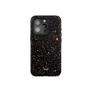 Obsidian Mist paint splatter phone case by KELAB featuring a minimalist black design with multicolor speckles. Stylish protection for smartphones.