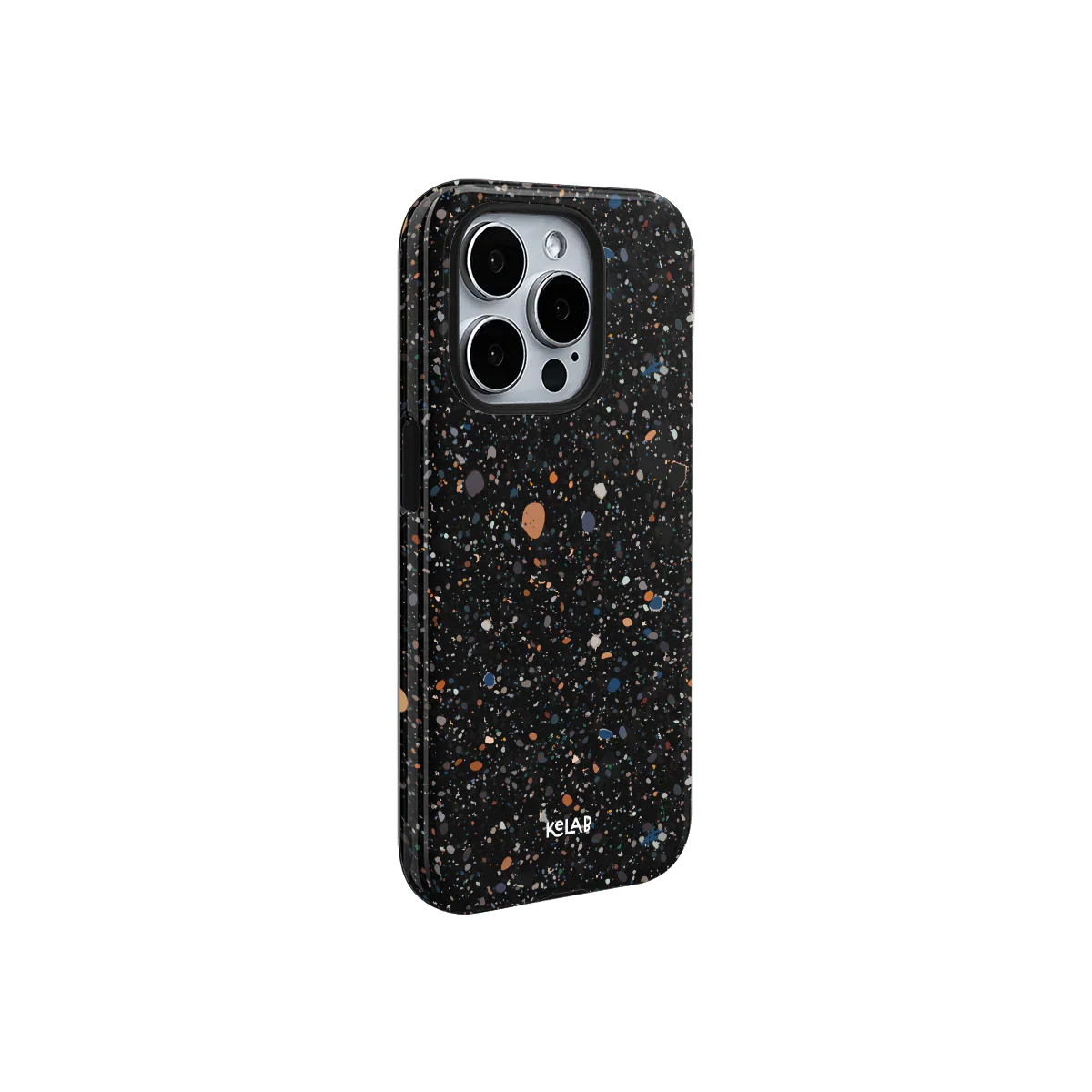 Minimalist black paint splatter phone case with gradient color speckles by KELAB. Sleek side profile with camera cutout for modern smartphones.