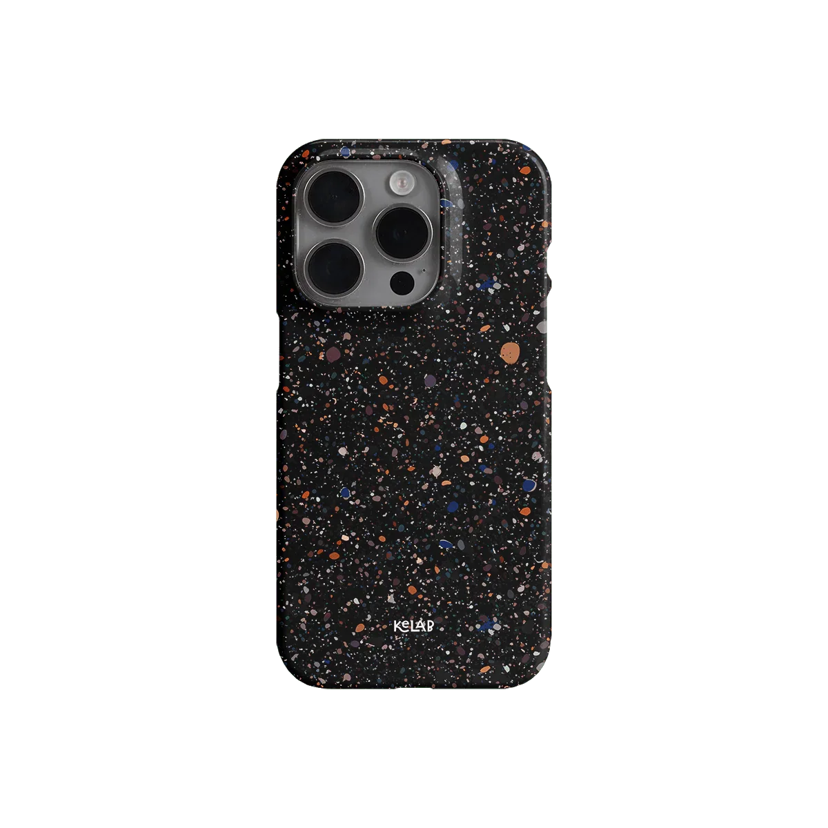 Back view of KELAB Obsidian Mist phone case with black paint splatter design. Precision cutouts for camera and ports ensure full functionality.