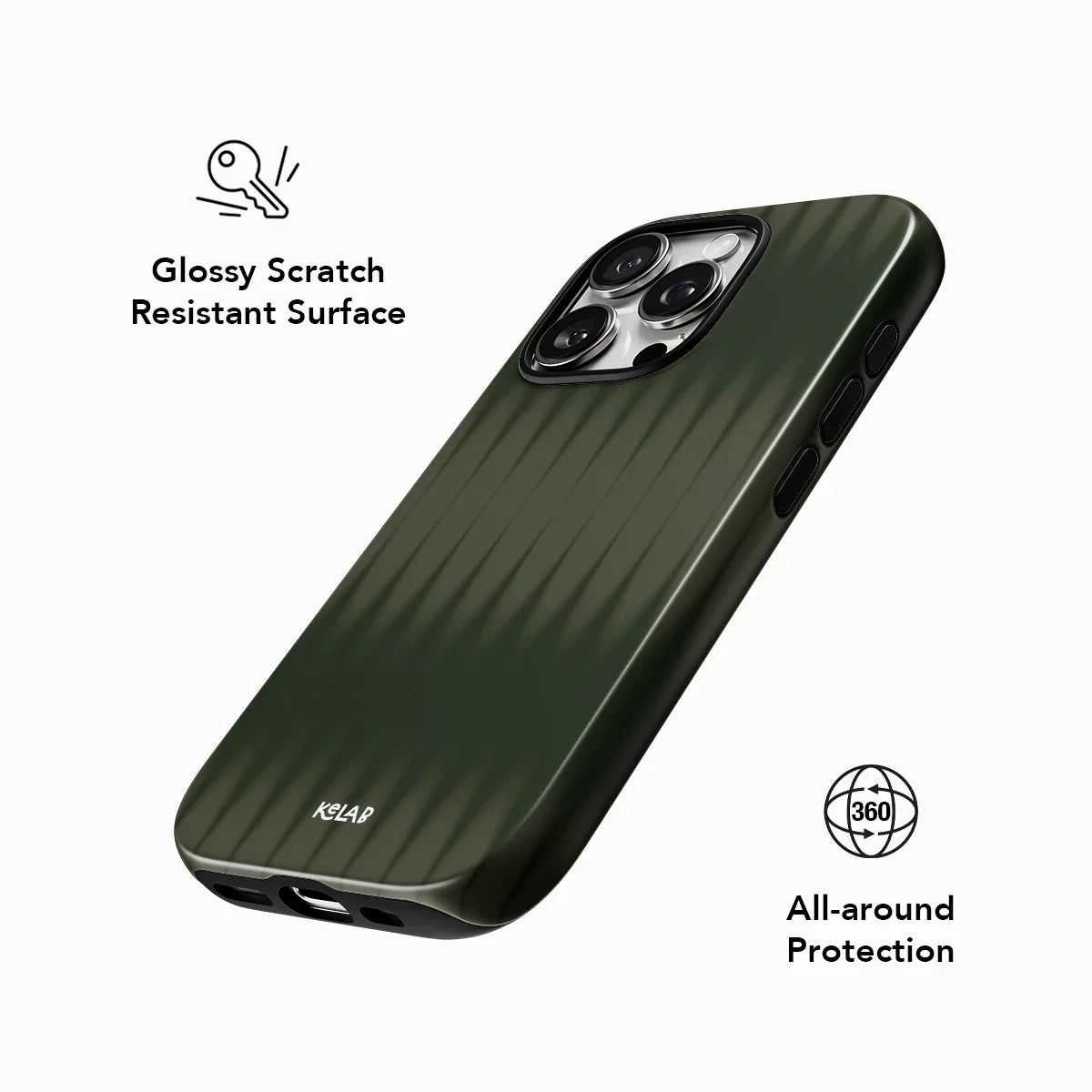 Glossy scratch-resistant KELAB Olive Green Phone Case with 360-degree all-around protection and minimalist nature-inspired design.