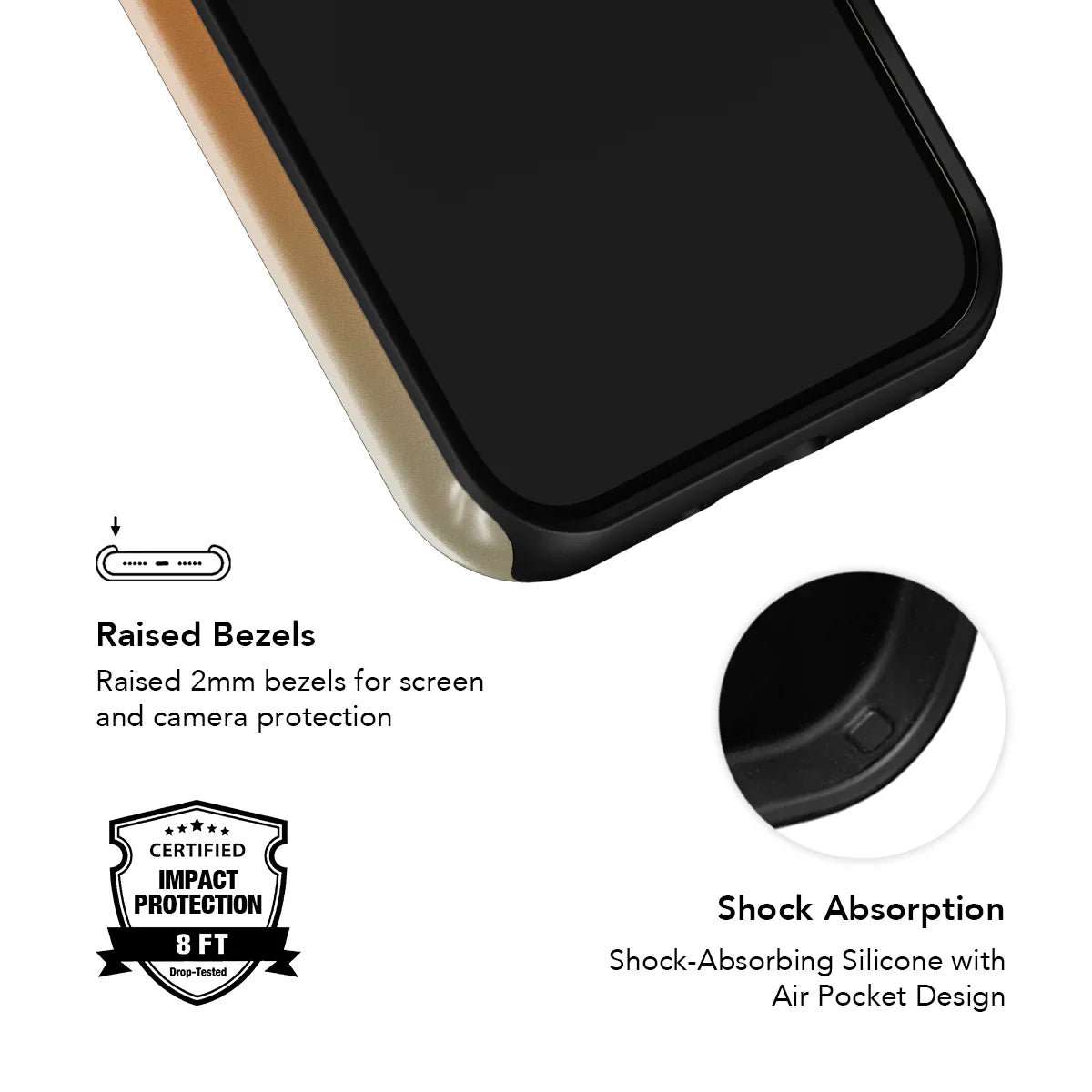 Shock-absorbing orange phone case with raised bezels and air pocket design for certified 8ft impact protection, by KELAB.