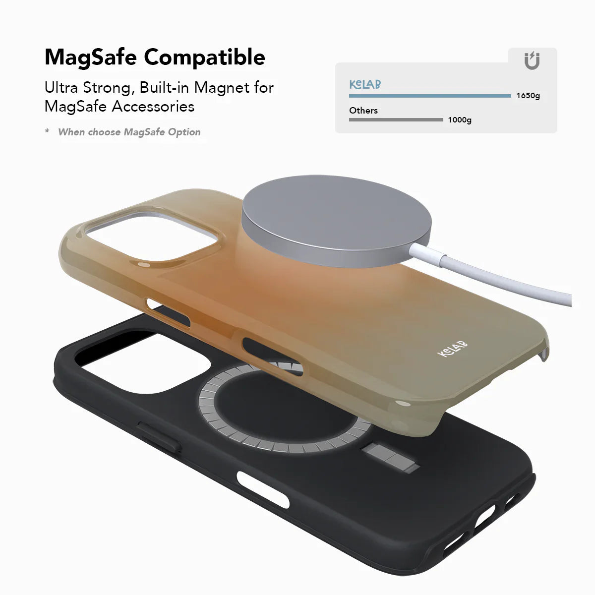 MagSafe compatible orange phone case with built-in magnet and dual-layer design, offering strong hold and stylish gradient finish by KELAB.