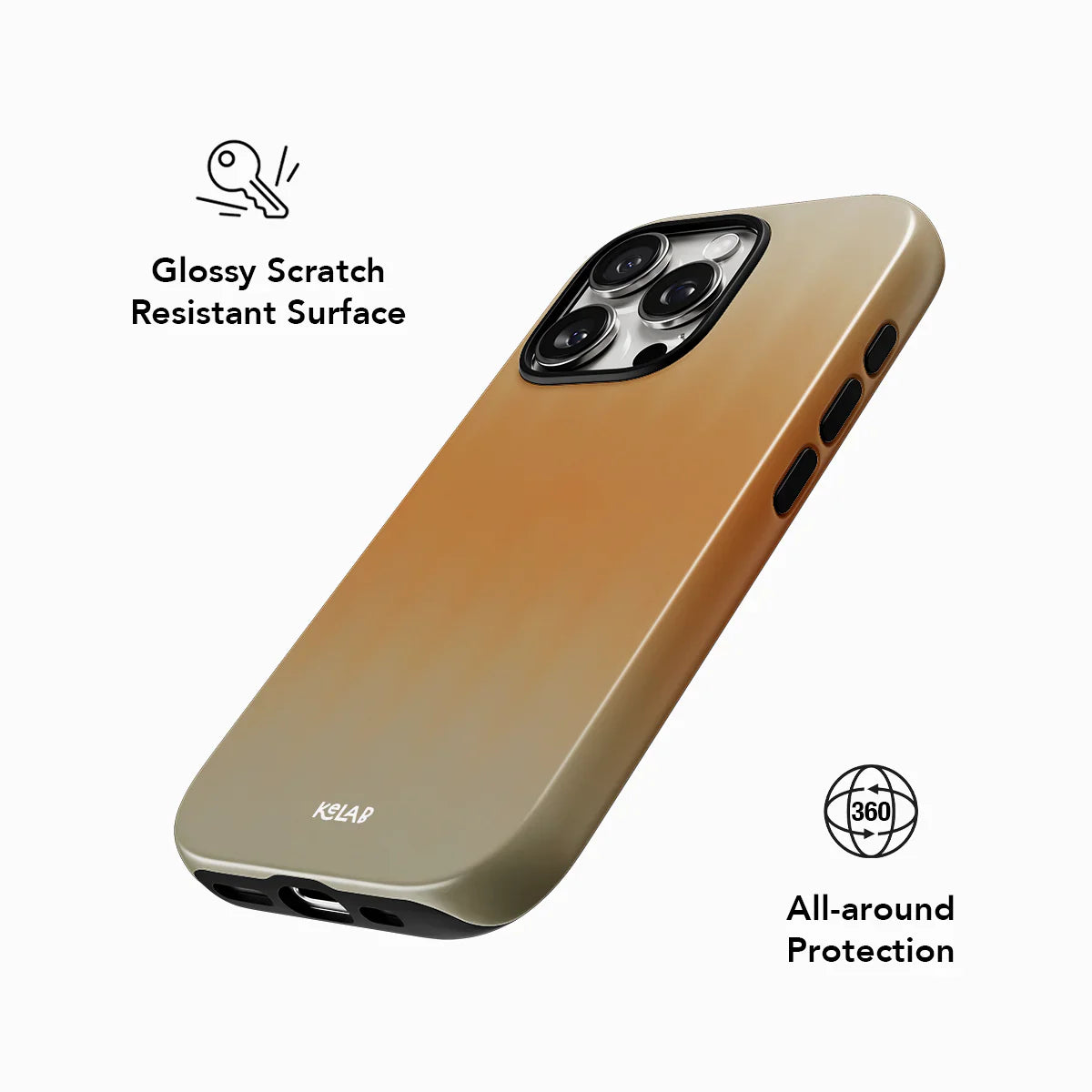 Glossy scratch-resistant orange phone case with 360° protection and warm gradient tones, part of KELAB’s designer mobile accessories.