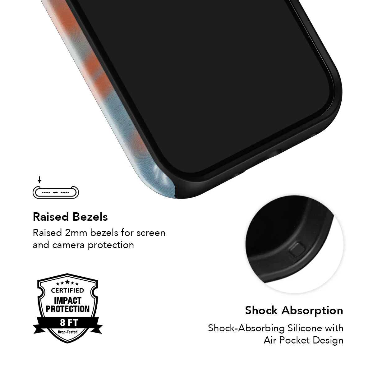 KELAB Y2K orange phone case with raised bezels and shock-absorbing silicone for certified 8ft impact protection.