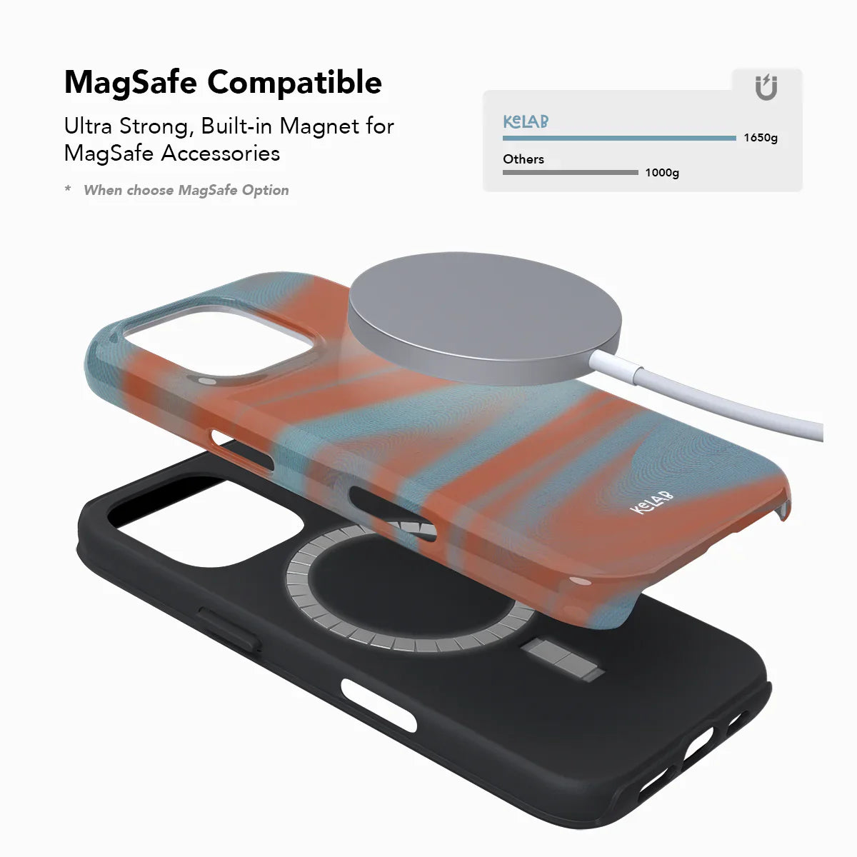 MagSafe compatible Y2K orange phone case by KELAB with built-in magnet and layered design for secure accessory use.