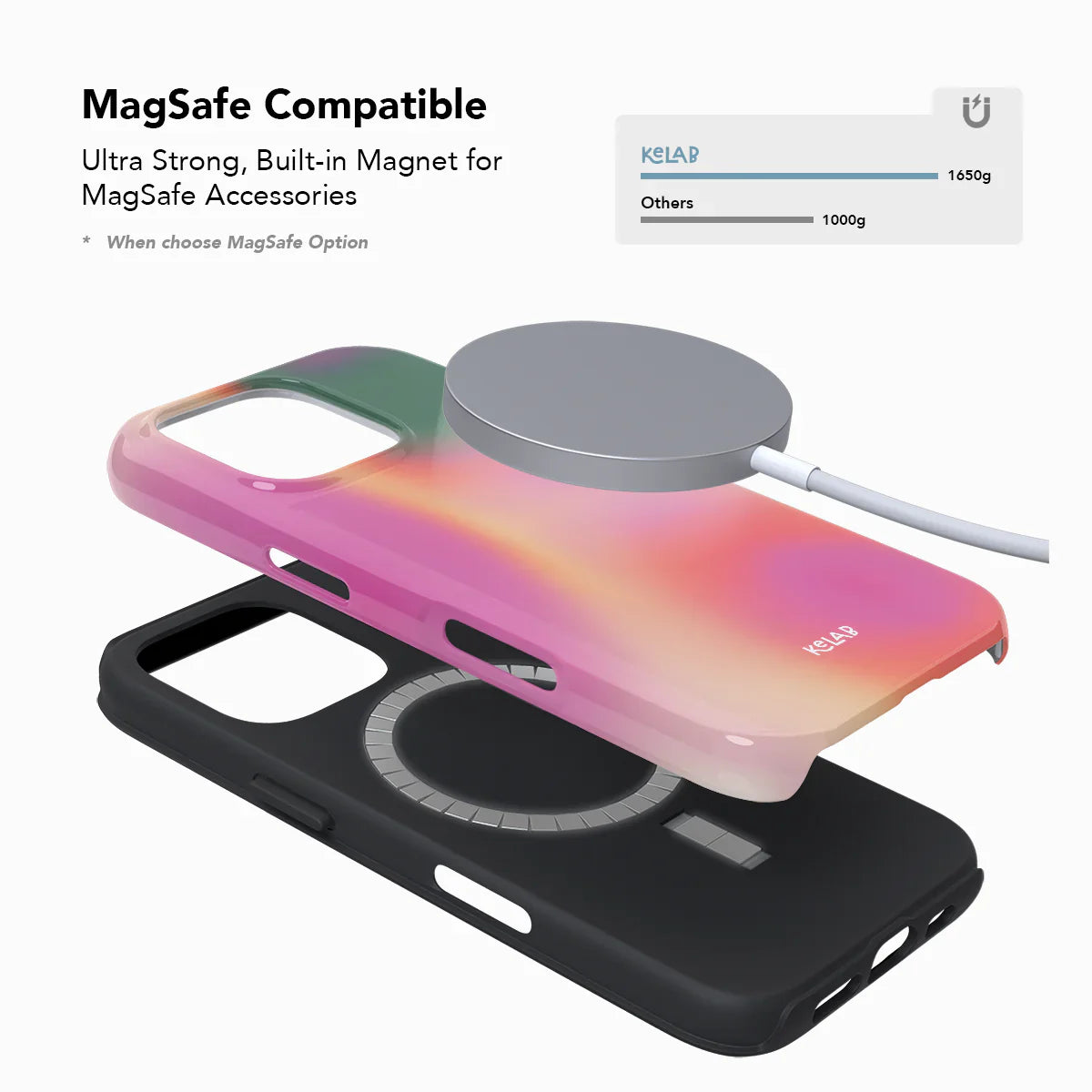 Aurora Pop phone case with MagSafe compatibility, built-in strong magnet for accessories, and vibrant gradient design by KELAB.