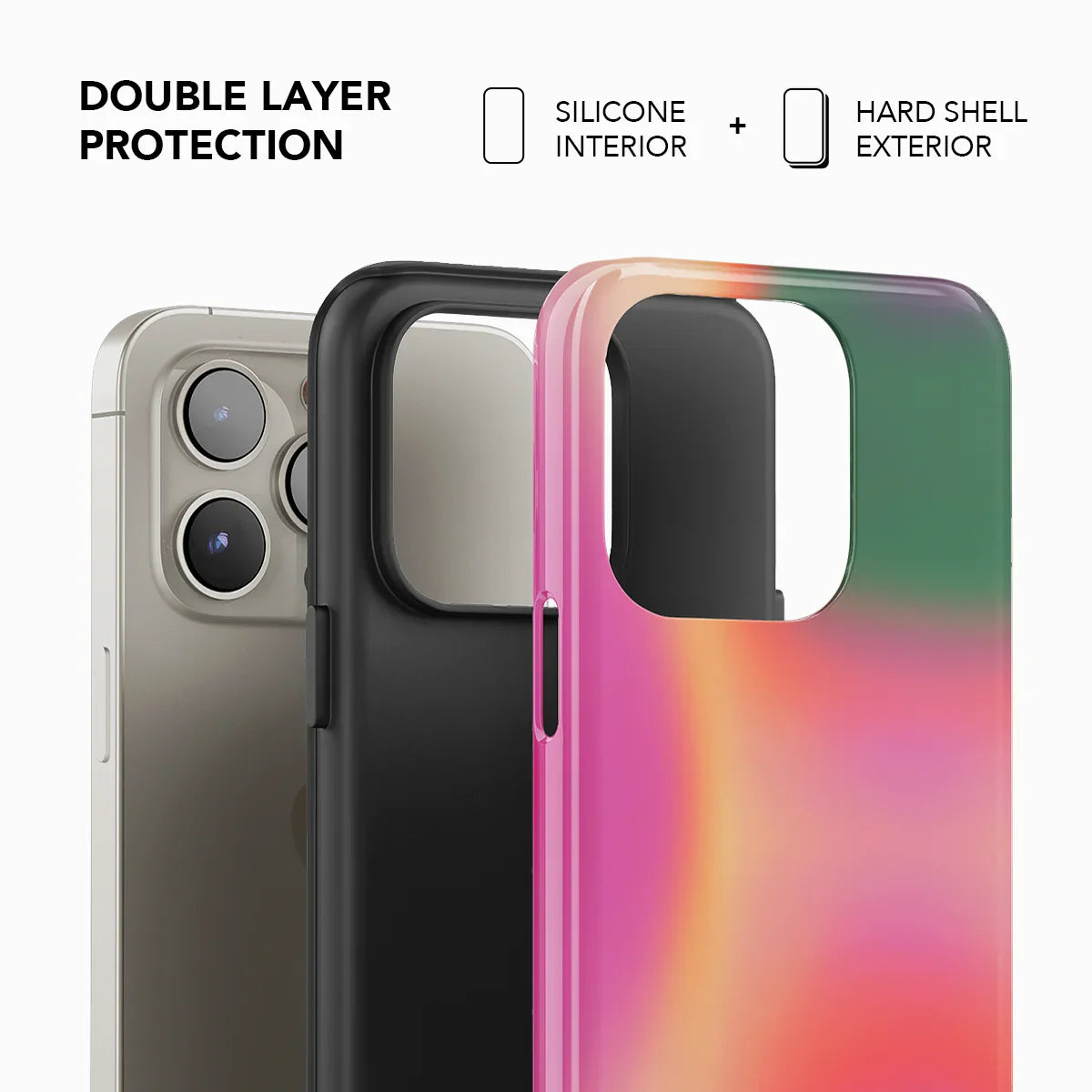 Aurora Pop phone case with dual-layer protection—soft silicone interior and hard shell exterior for enhanced durability and stylish gradient design.