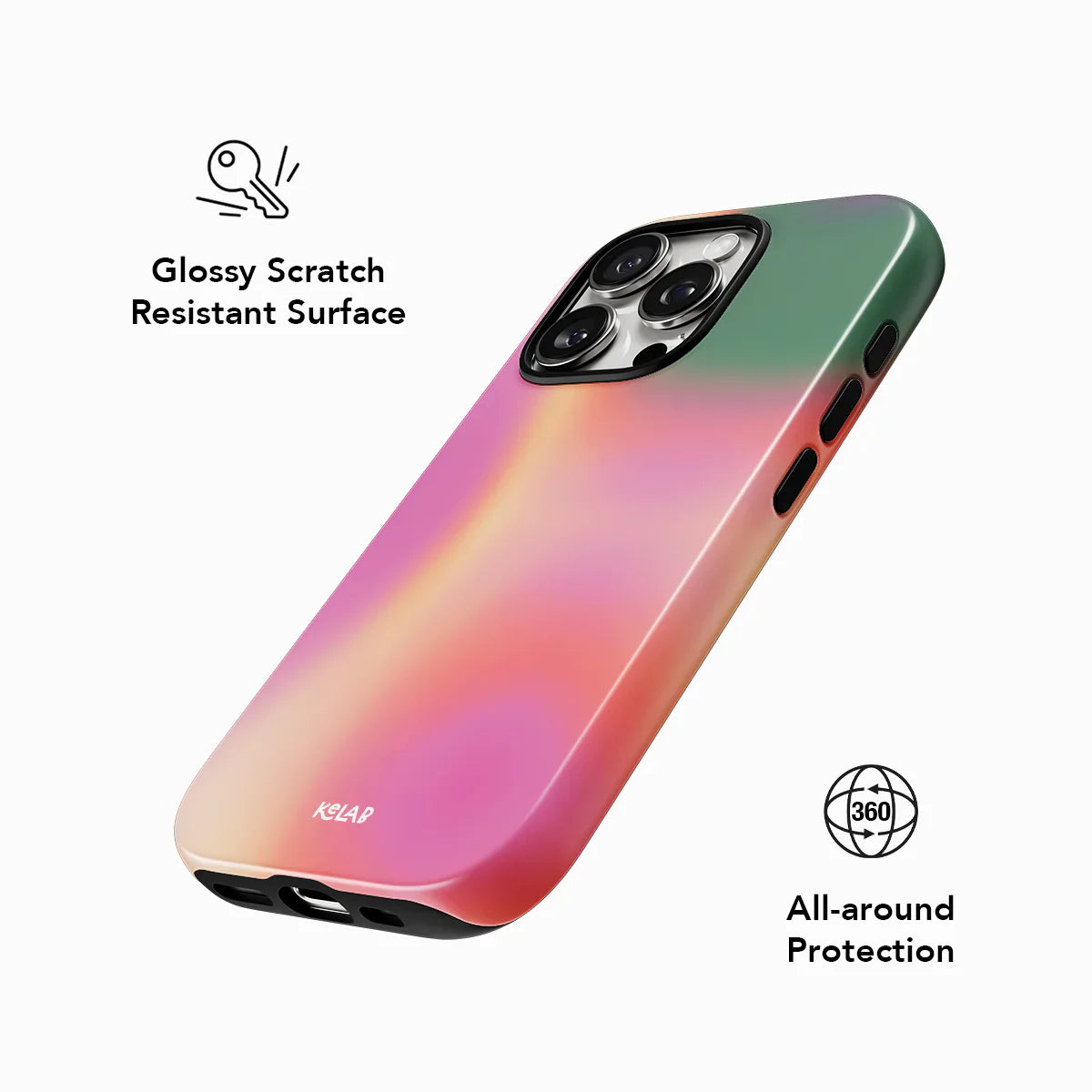 Glossy Aurora Pop phone case with 360° all-around protection and scratch-resistant surface, blending abstract colors for a statement accessory.