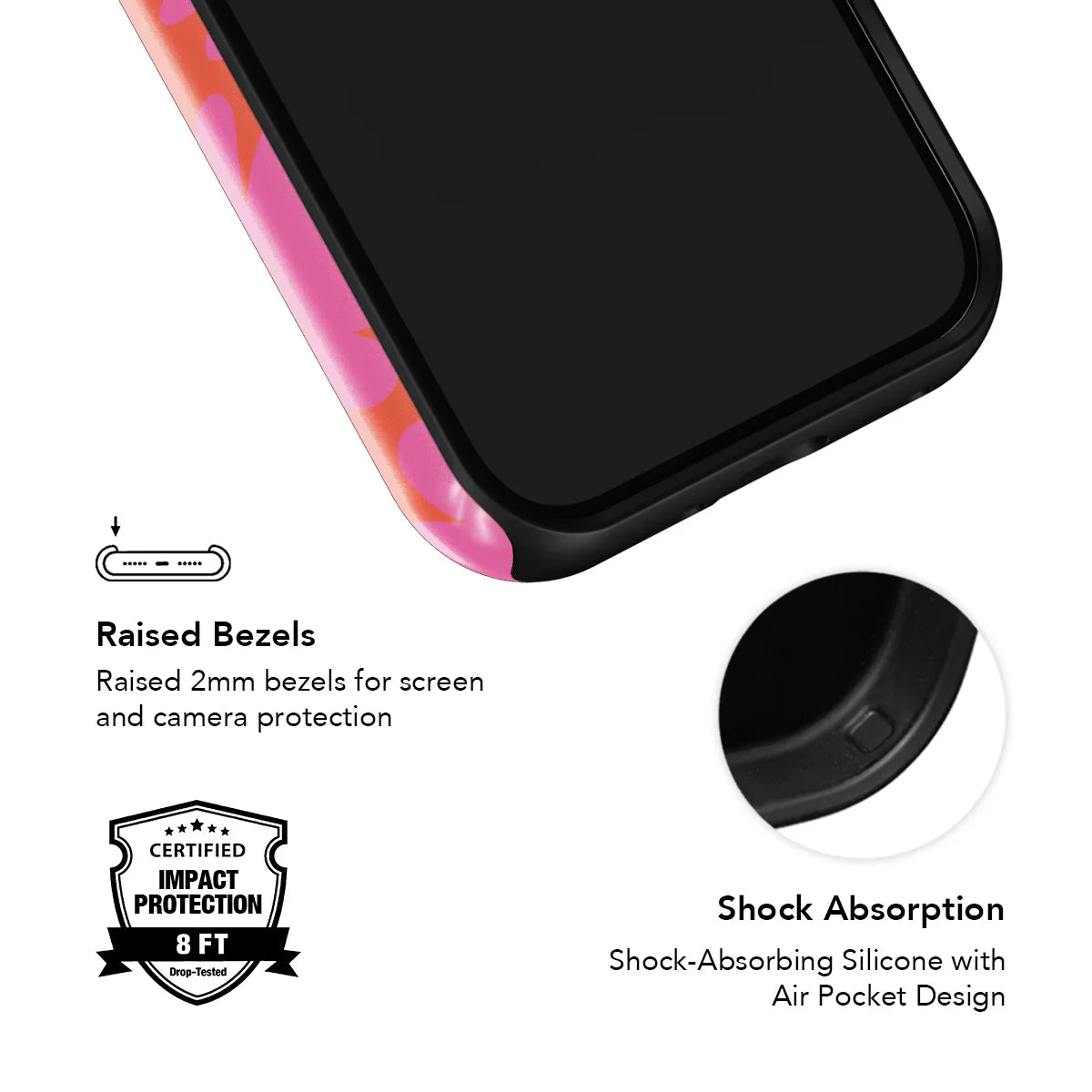 Shock-absorbing floral phone case with raised bezels and air pocket design. Retro magenta daisies offer stylish protection for your device.