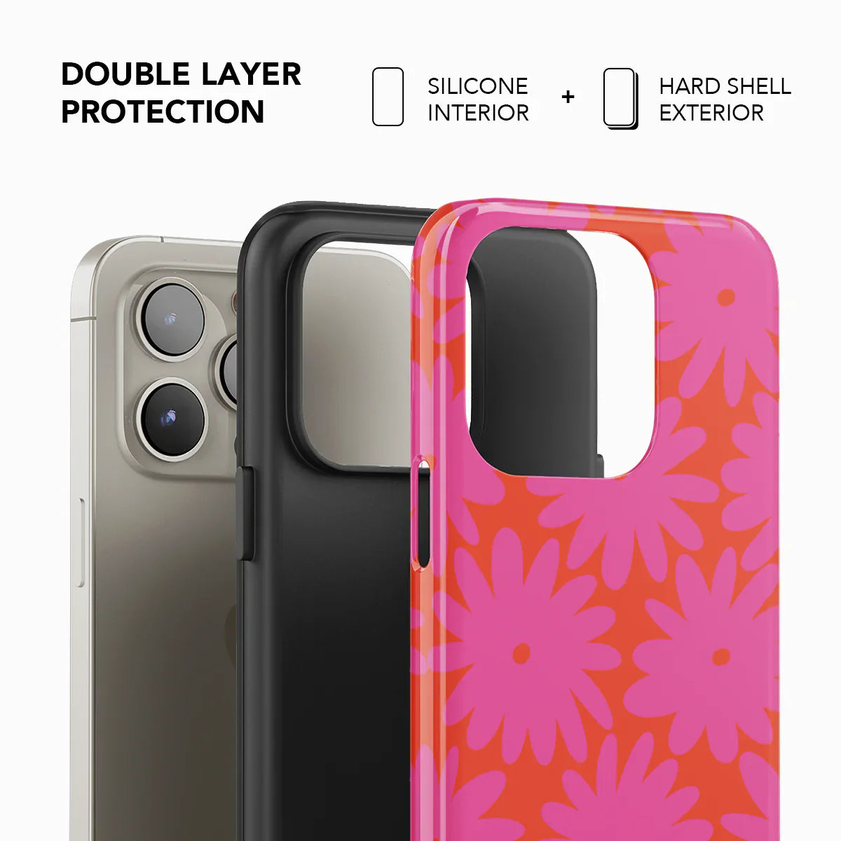 Double-layer protection floral phone case with silicone interior and hard shell exterior. Retro pink daisy design ensures both style and durability.