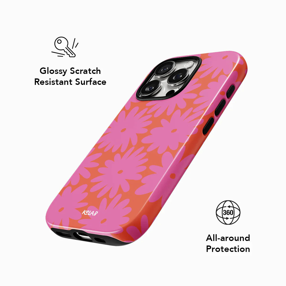 Glossy scratch-resistant retro floral phone case with 360° all-around protection. Features vibrant pink daisies for a bold summer look.