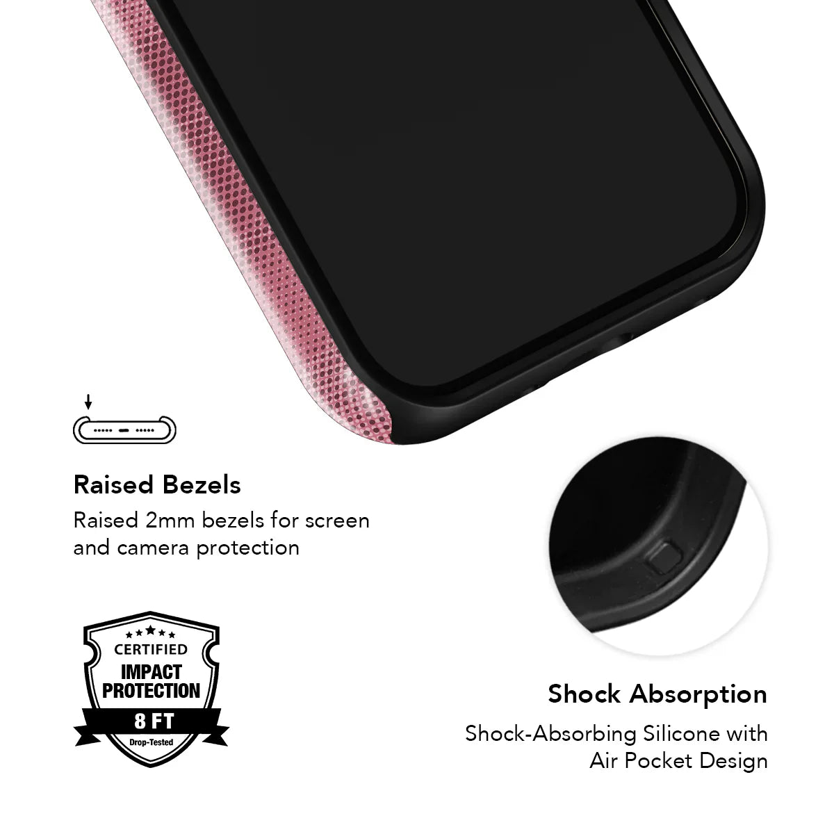Close-up of KELAB pink flannel phone case showing raised bezels and shock-absorbing silicone with air pocket design for 8ft impact protection.