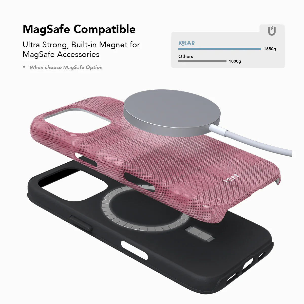 MagSafe compatible pink flannel phone case by KELAB with built-in magnet for accessories, offering secure attachment and stylish plaid finish.