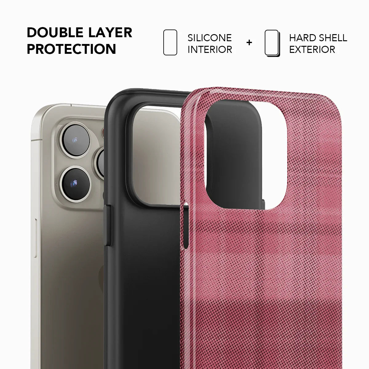 Double-layer protection phone case with pink flannel design by KELAB, featuring silicone interior and hard shell exterior for enhanced durability.