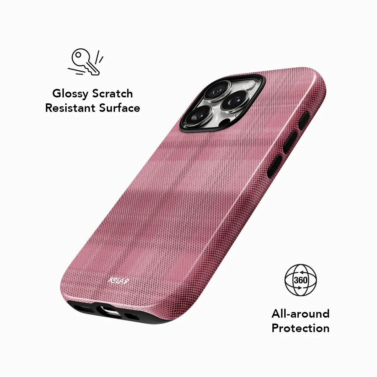 Glossy scratch-resistant pink flannel phone case by KELAB with 360° all-around protection and minimalist plaid design for everyday use.