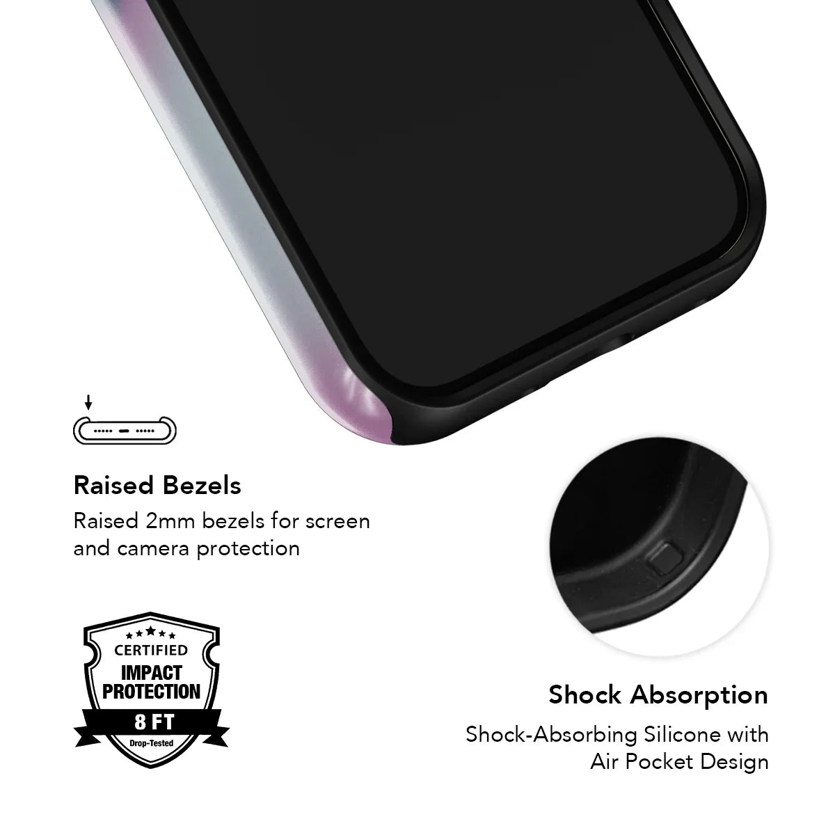 KELAB pink phone case with raised bezels and shock-absorbing silicone for certified 8ft impact protection and air pocket design.