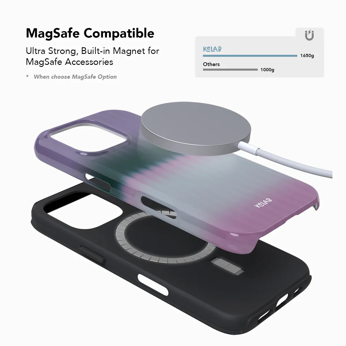 MagSafe compatible pink gradient phone case by KELAB with ultra-strong built-in magnet and dual-layer protection.