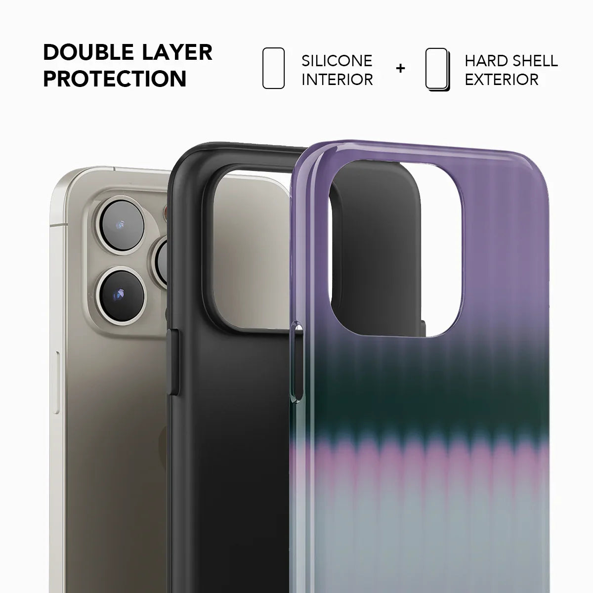 Double layer protection phone case by KELAB with silicone interior and hard shell exterior in a pink gradient design.