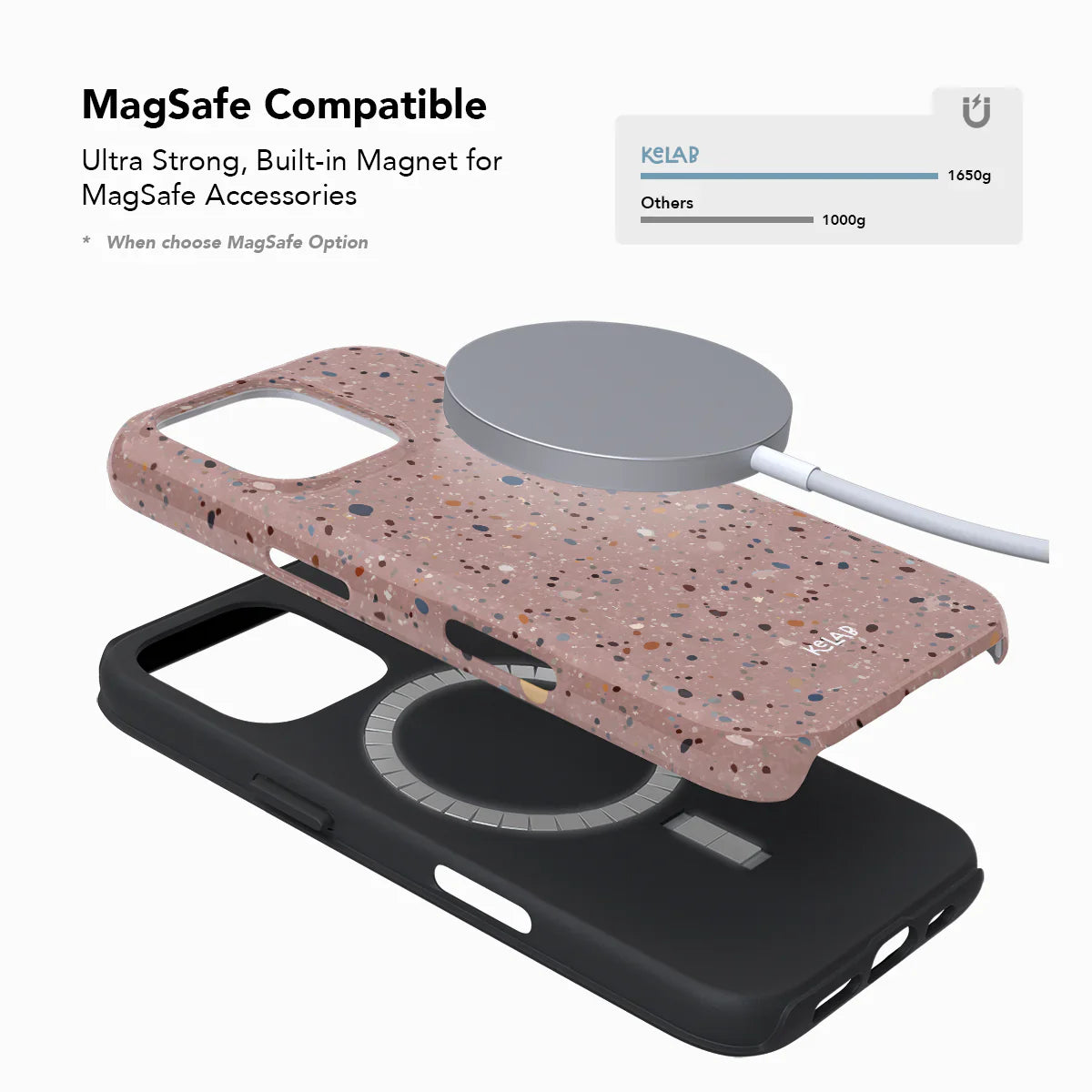 MagSafe compatible pink paint splatter phone case with ultra-strong built-in magnet, designed for seamless use with MagSafe accessories.