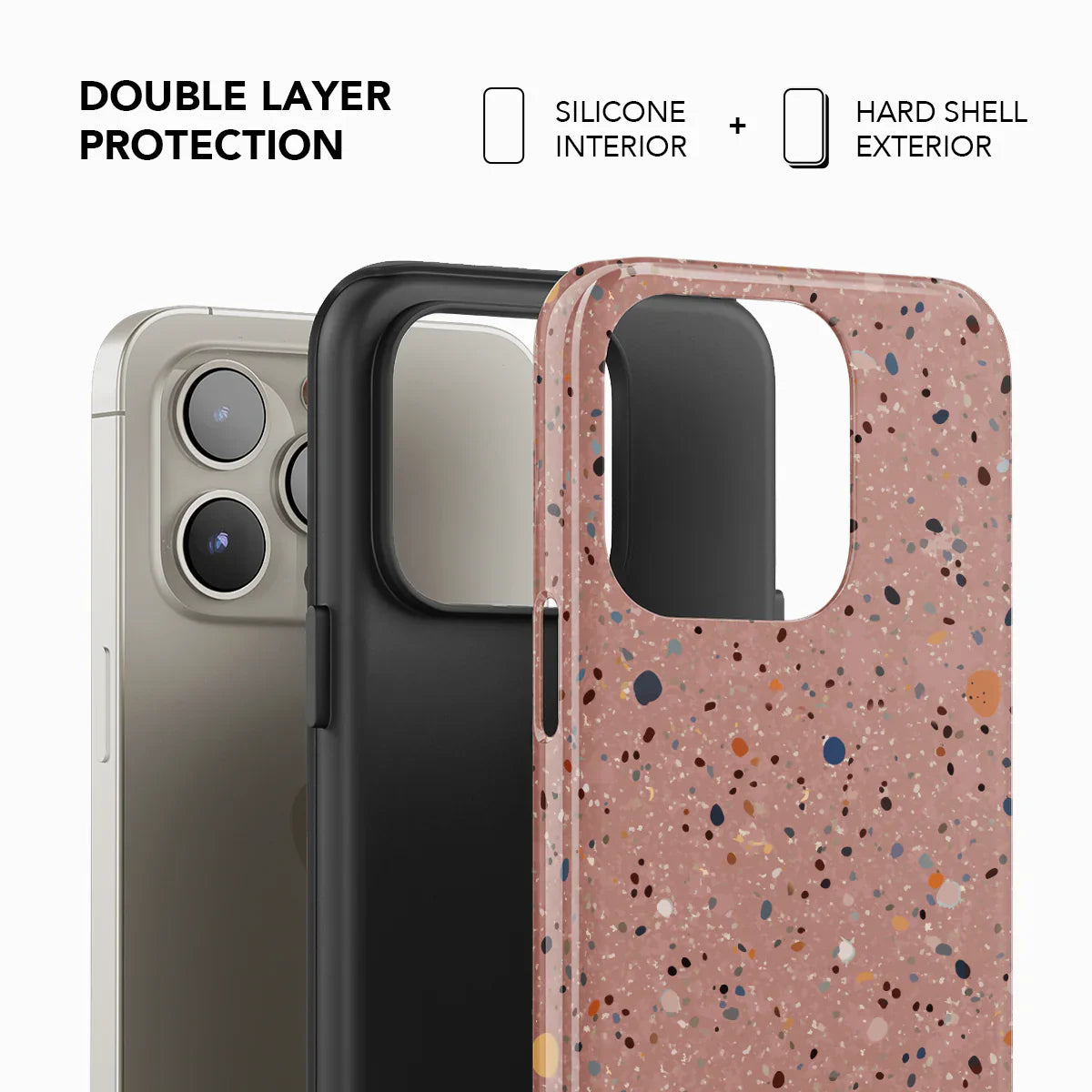 Double layer protection phone case with silicone interior and hard shell exterior in pink paint splatter design, enhancing durability and style.