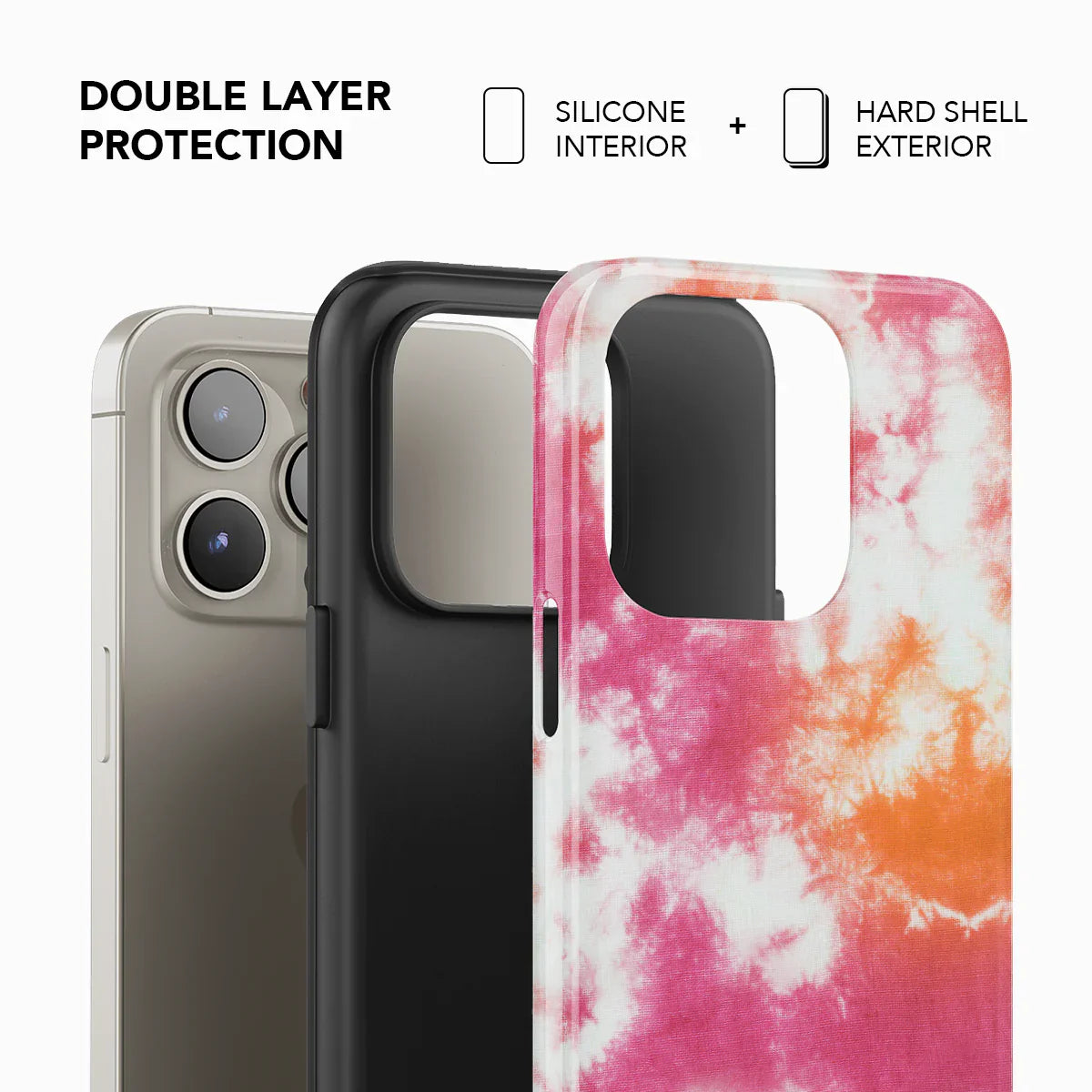Phone case with tie-dye design and text highlighting double layer protection.