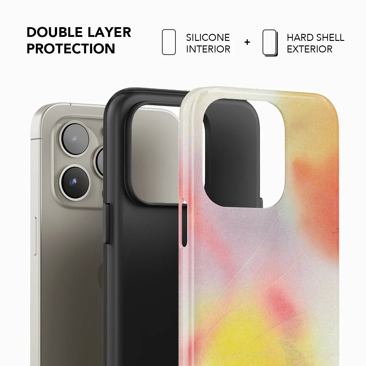 Double-layer iPhone case with silicone interior and hard shell exterior, showcasing colorful abstract design for enhanced protection and style.