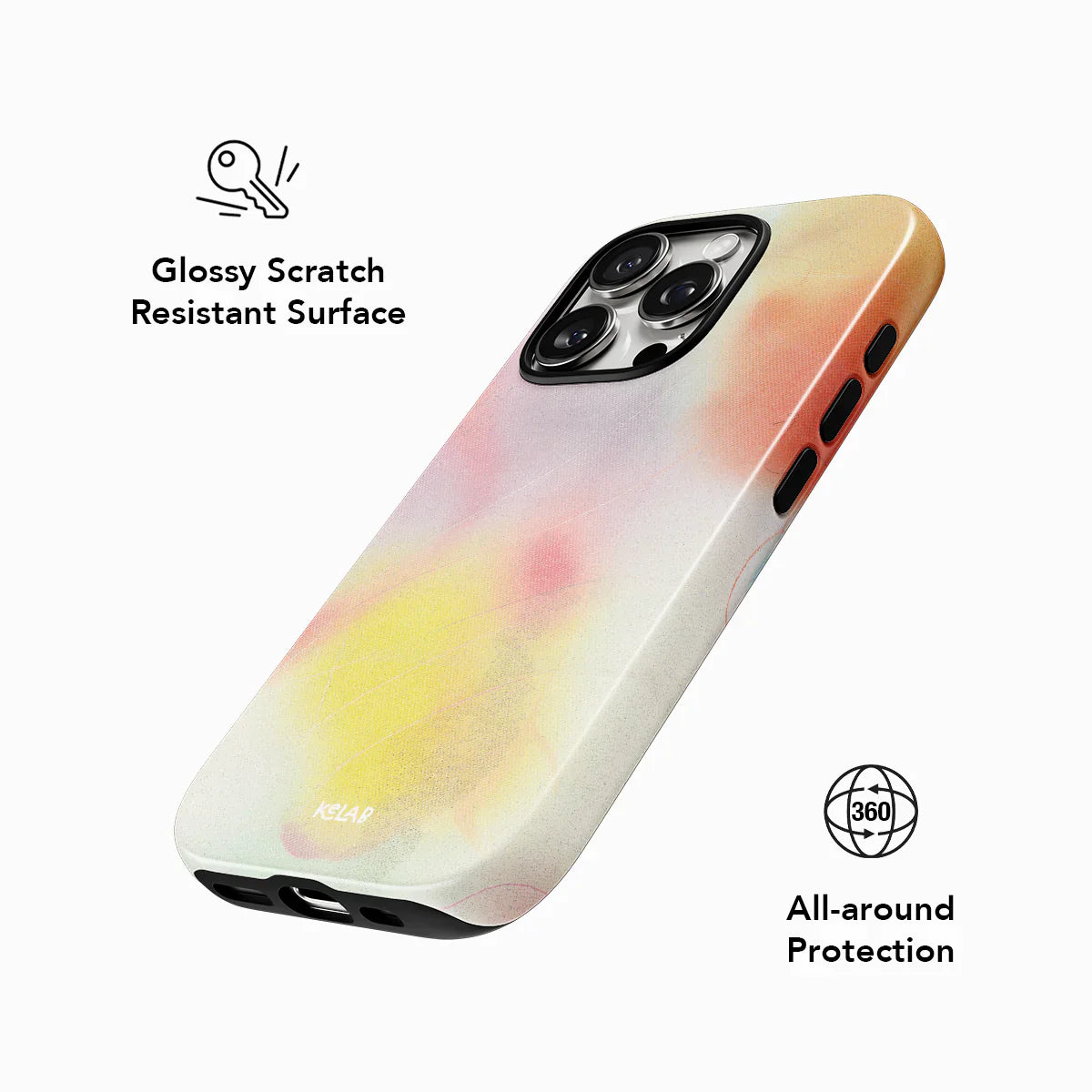 Glossy scratch-resistant iPhone case with 360° all-around protection, featuring a vibrant purple and yellow abstract pattern by KELAB.