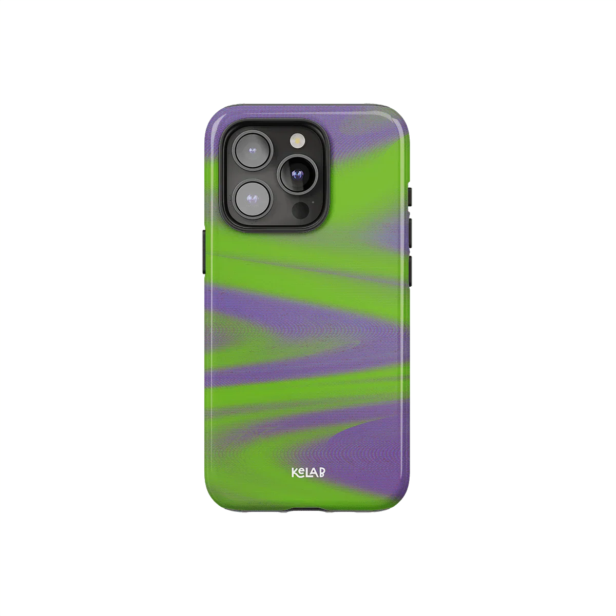 Neon green phone case with futuristic Y2K design by KELAB, featuring a bold purple haze wave pattern and precise camera cutout.