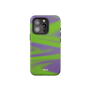 Neon green phone case with futuristic Y2K design by KELAB, featuring a bold purple haze wave pattern and precise camera cutout.