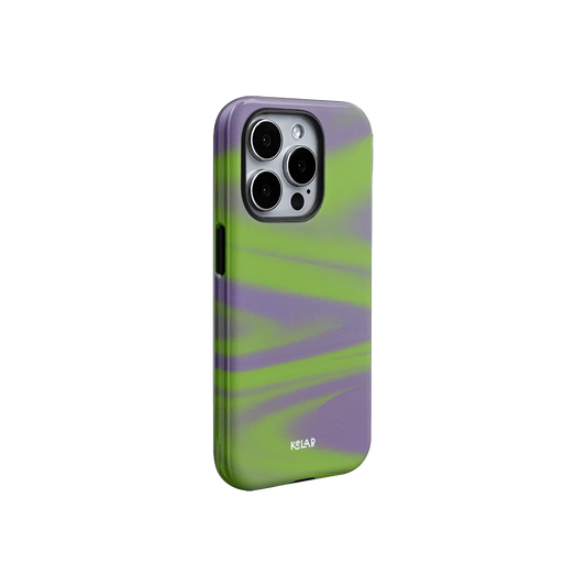 Y2K neon green and purple phone case with abstract glitch design, offering vibrant style and side button accessibility.