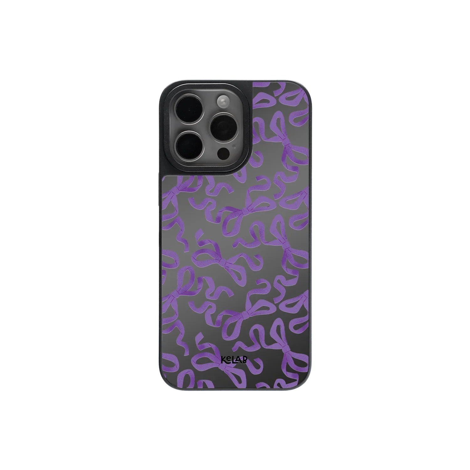 Cute Halloween bow mirror phone case with purple ribbon pattern on glossy black background, perfect for spooky chic and gothic fashion lovers.