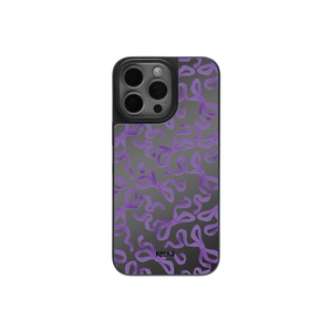 Cute Halloween bow mirror phone case with purple ribbon pattern on glossy black background, perfect for spooky chic and gothic fashion lovers.