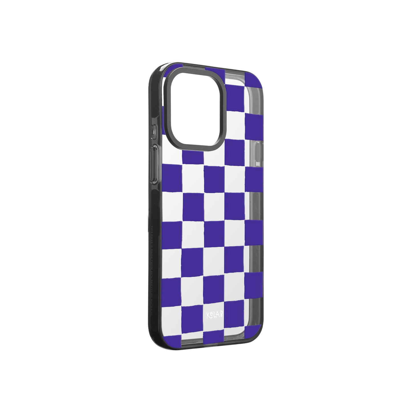 Checkered clear phone case with purple pattern on a white background