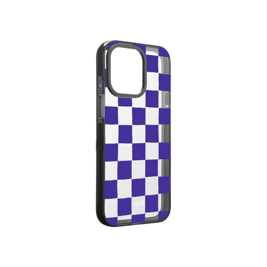 Checkered clear phone case with purple pattern on a white background