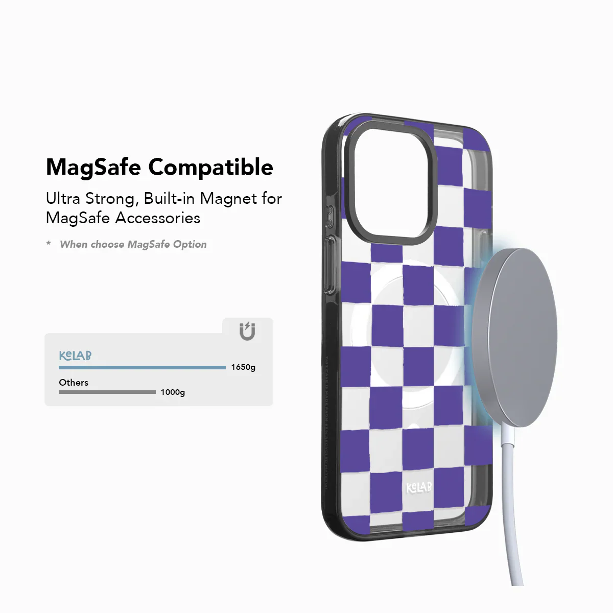 Checkered phone case with built-in magnet for MagSafe accessories on a white background
