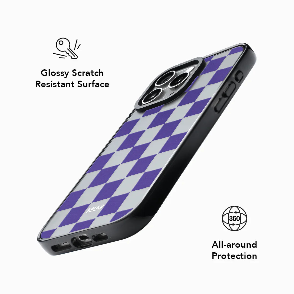 Phone case with purple checkered pattern on a white background