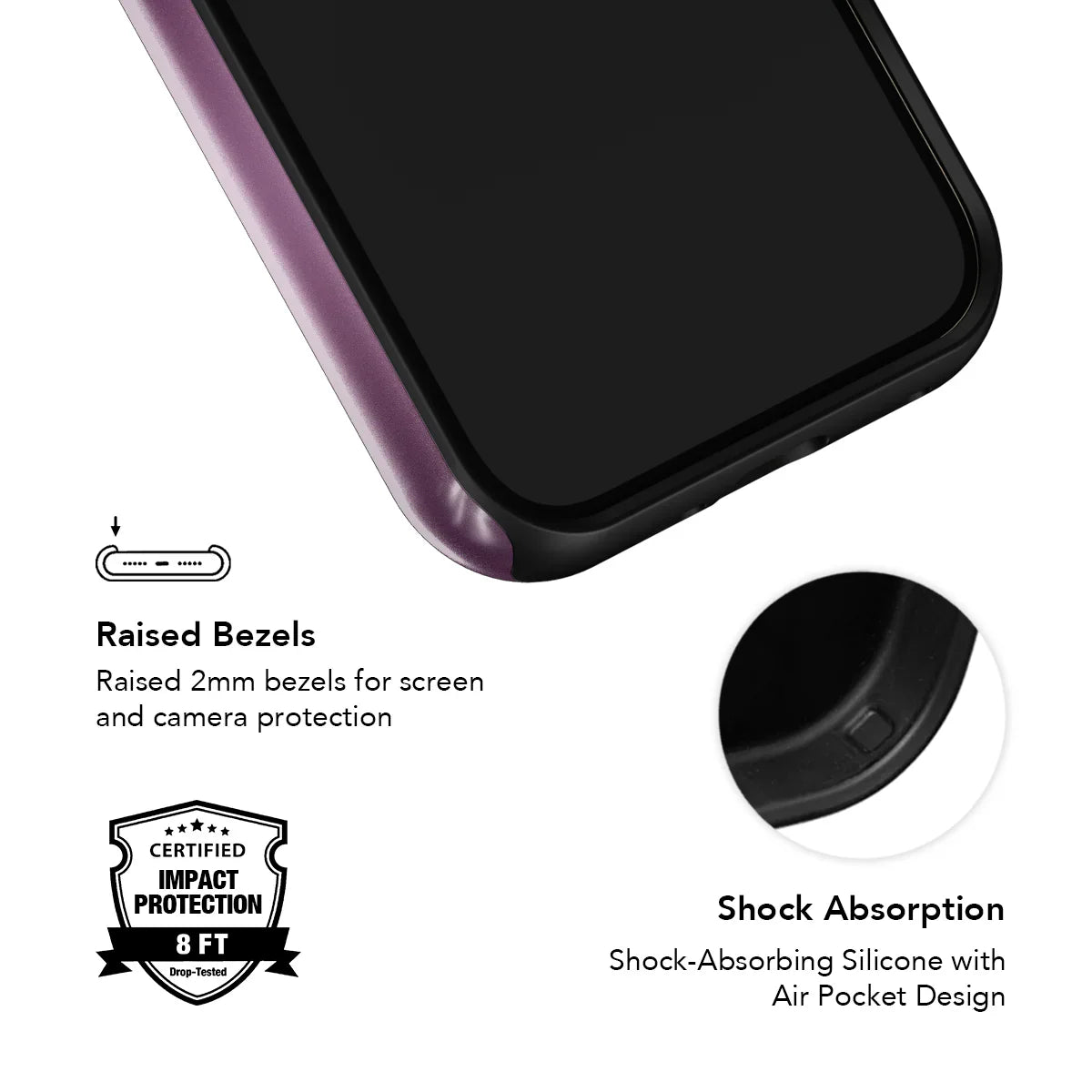 Purple phone case with raised bezels and shock-absorbing silicone for impact protection, part of KELAB's Tinted Veil Series.