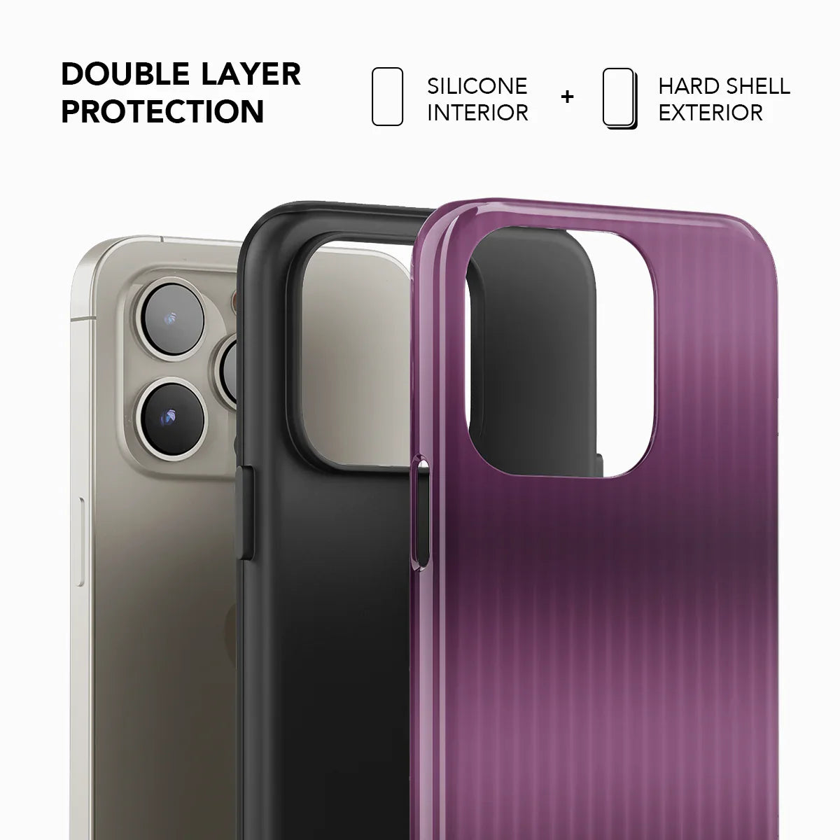 Double-layer protection phone case with silicone interior and hard shell exterior in a purple tinted design by KELAB.