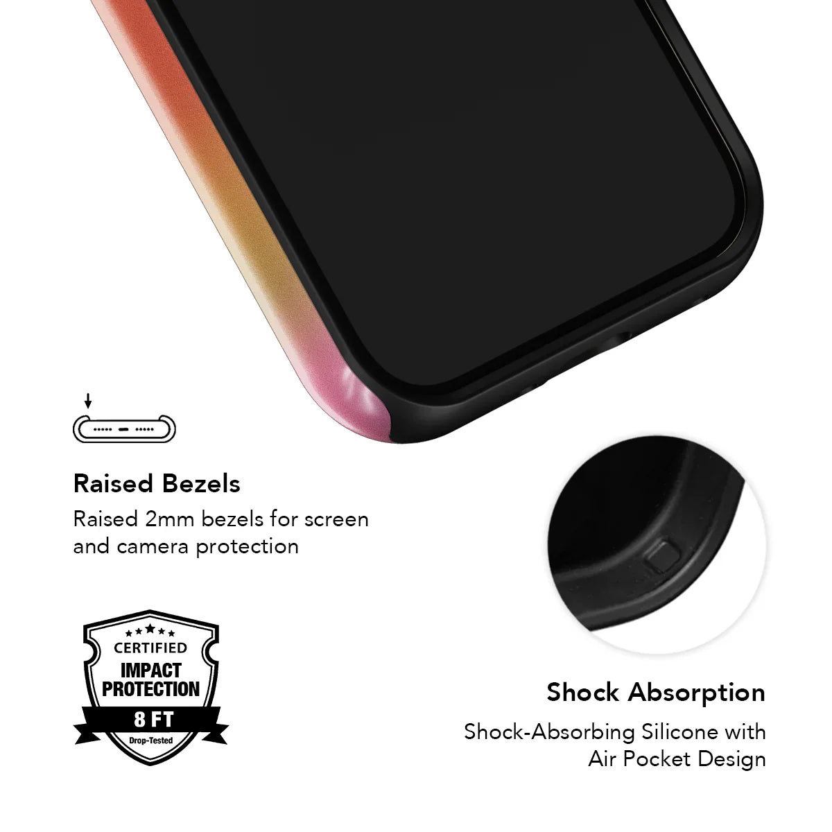Lucid Ember iPhone case with raised bezels and shock-absorbing silicone for certified 8ft impact protection and camera safety.