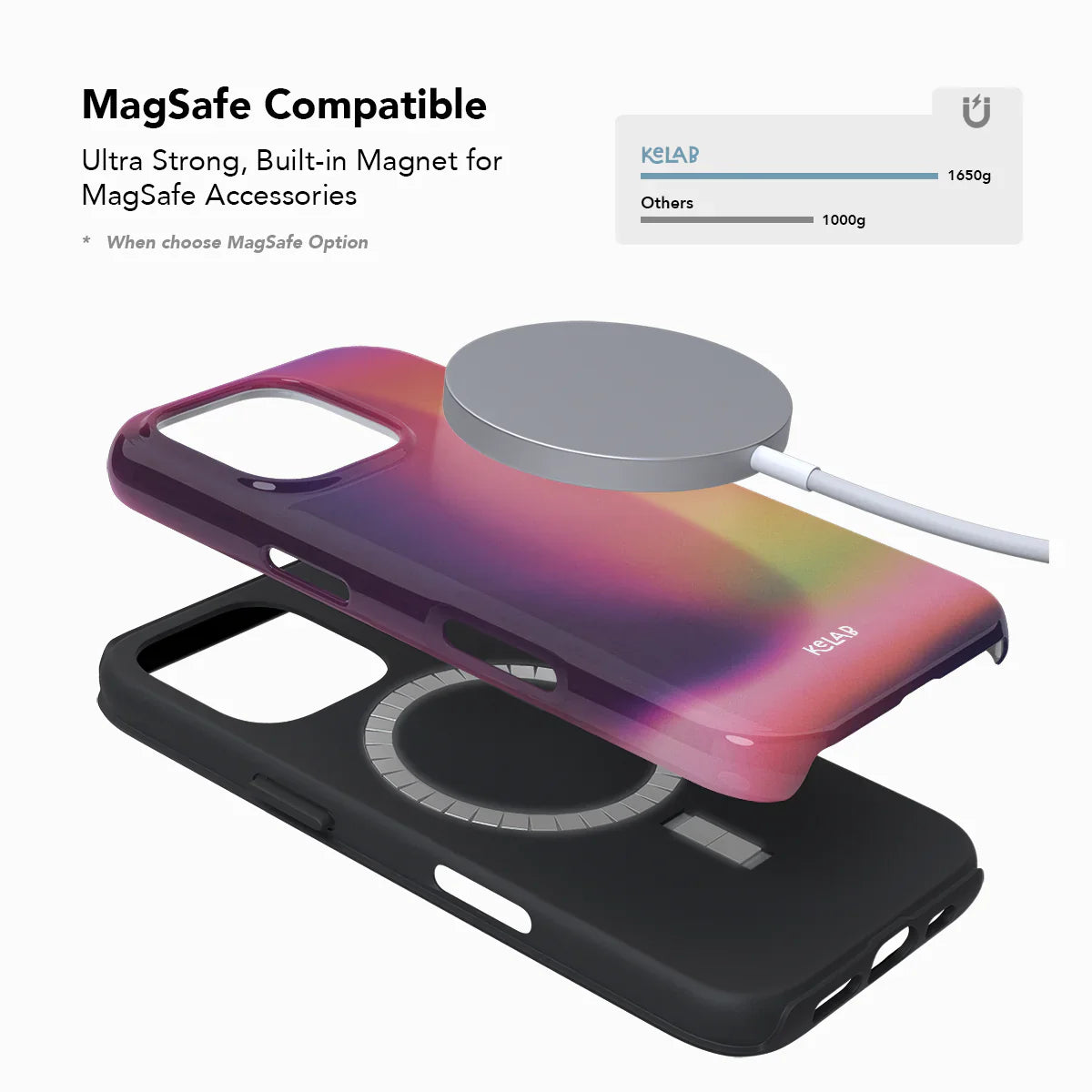 MagSafe-compatible Lucid Ember case with strong built-in magnet, vibrant gradient design, and dual-layer protection by KELAB.