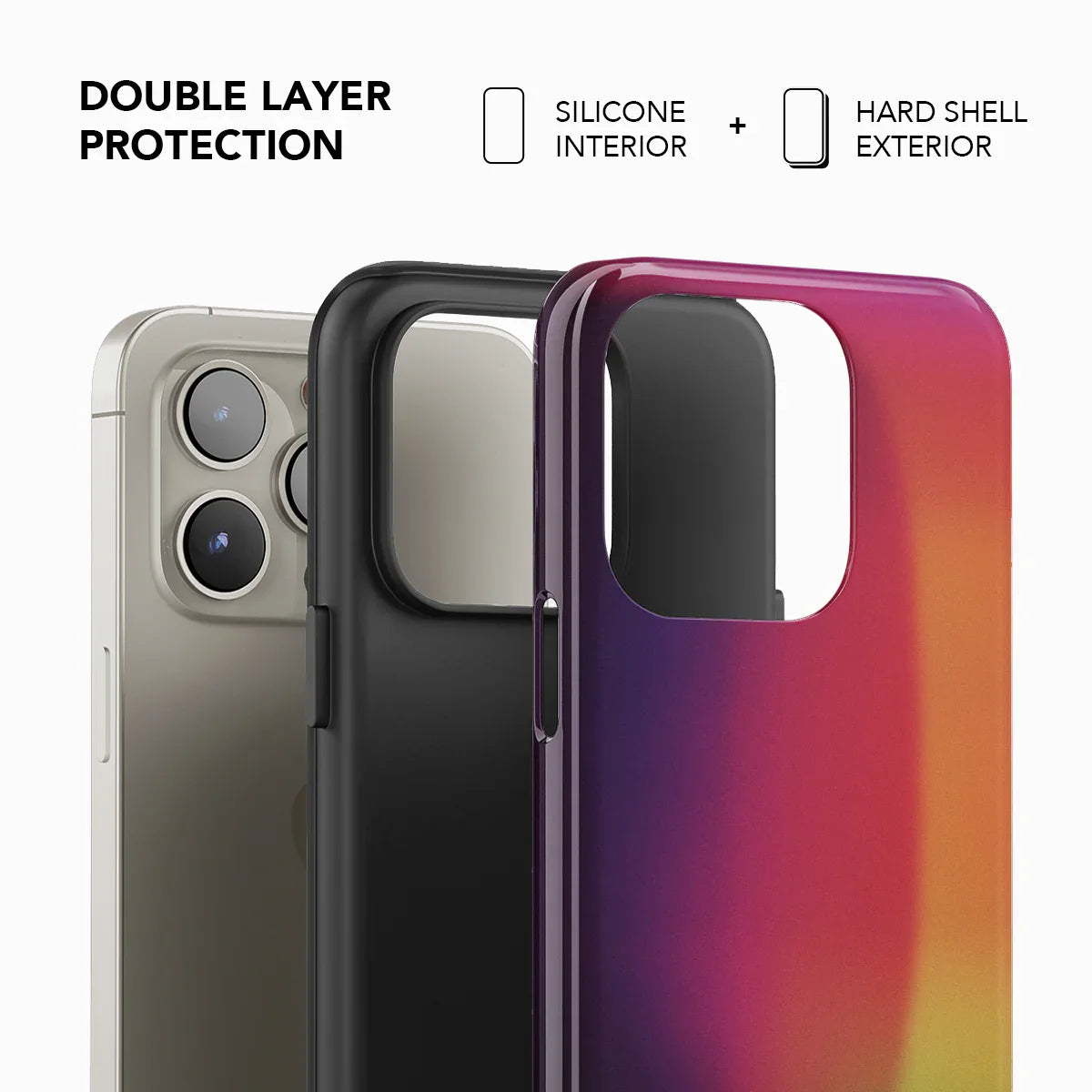 Double-layer Lucid Ember iPhone case with silicone interior and hard shell exterior for enhanced protection and vibrant style.