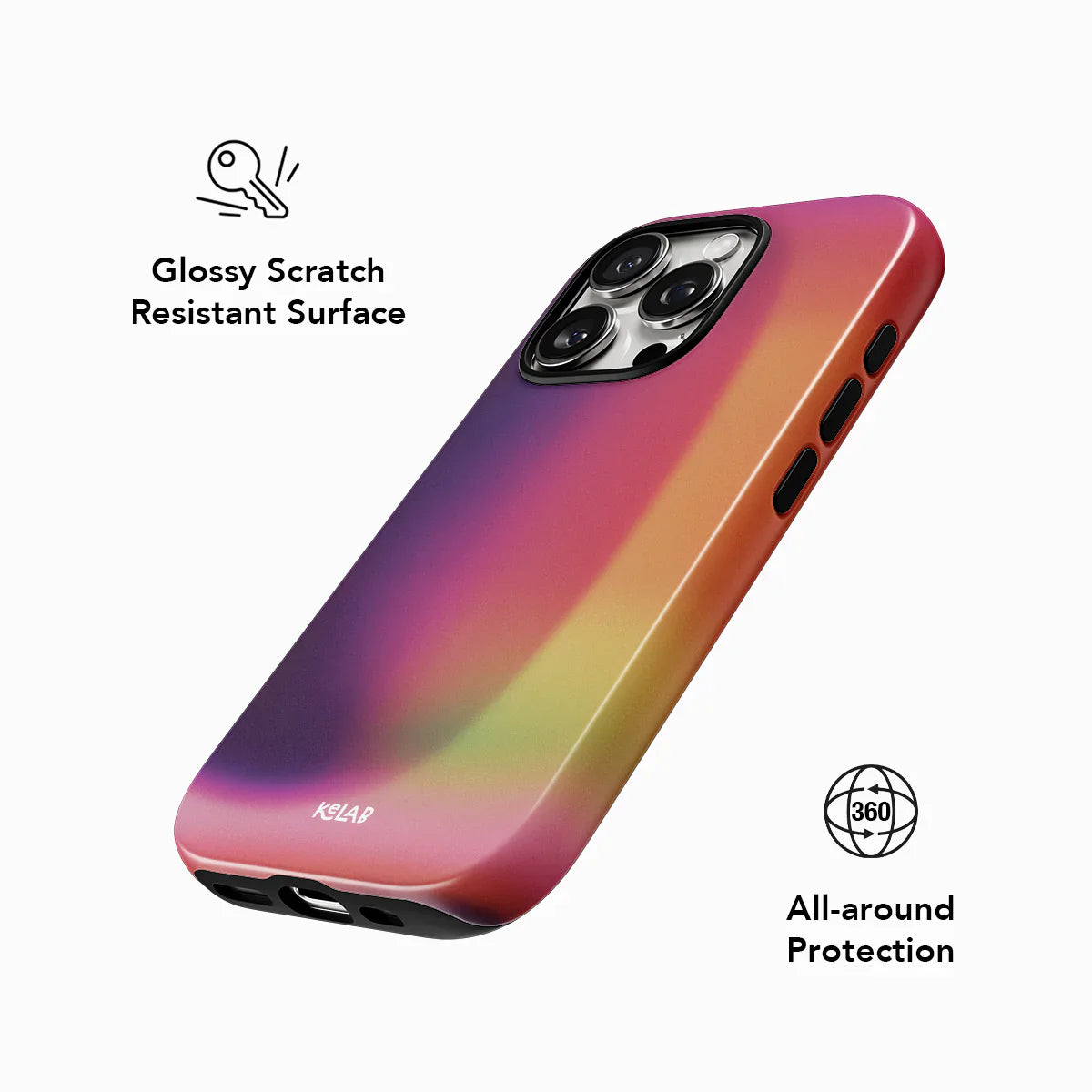 Glossy, scratch-resistant Lucid Ember phone case in pink-purple tones offering 360° protection and stylish design by KELAB.