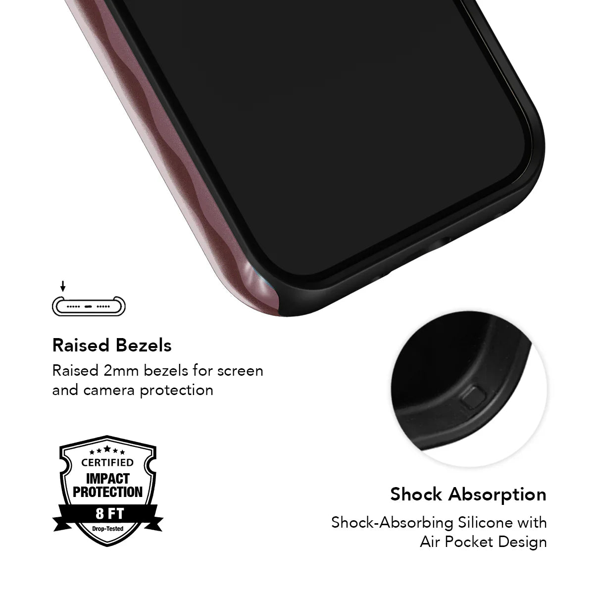 Close-up of Mulberry phone case with raised bezels and shock-absorbing silicone for certified 8ft impact protection.