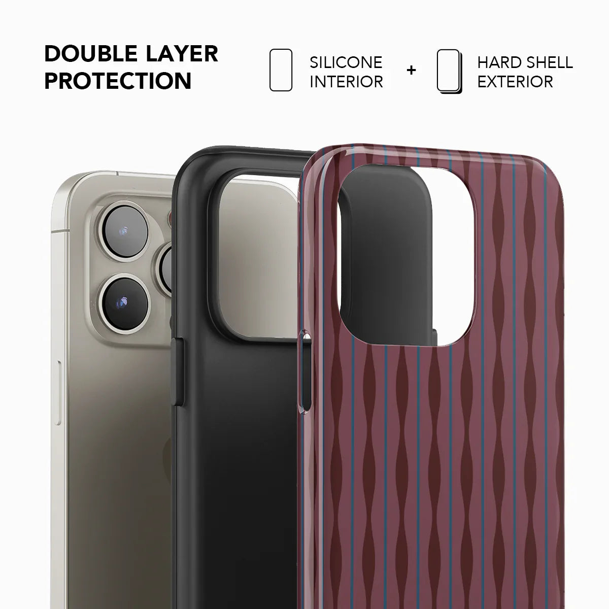 Double-layer phone case with burgundy ripple pattern, showing silicone interior and hard shell exterior for enhanced protection.