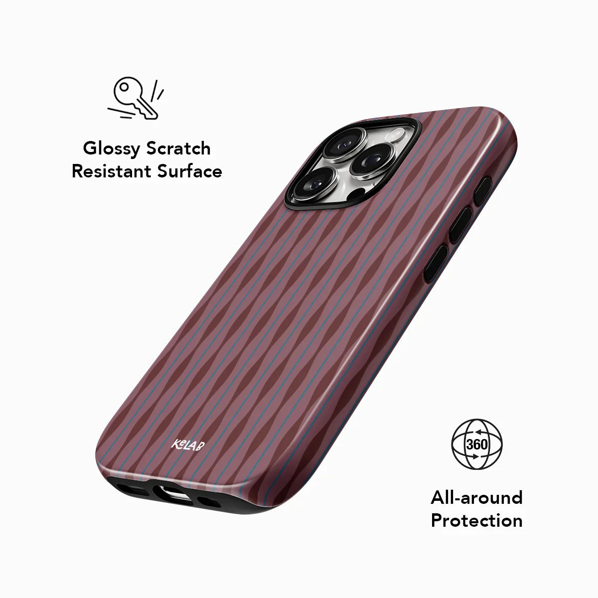 Glossy burgundy phone case with wavy design, offering 360° protection and scratch-resistant surface from KELAB.