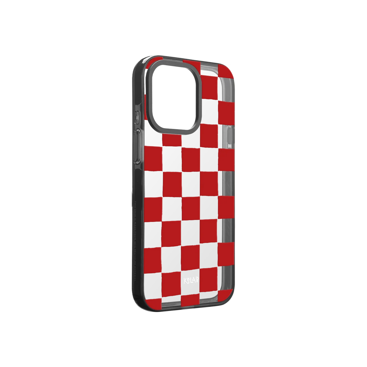 Checkered clear phone case with red pattern on a white background