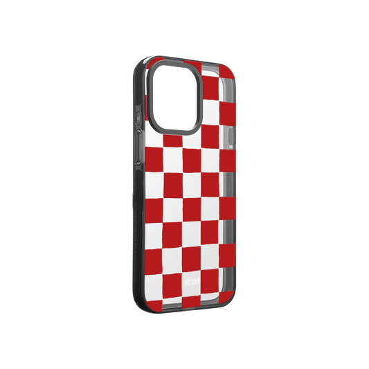 Checkered clear phone case with red pattern on a white background