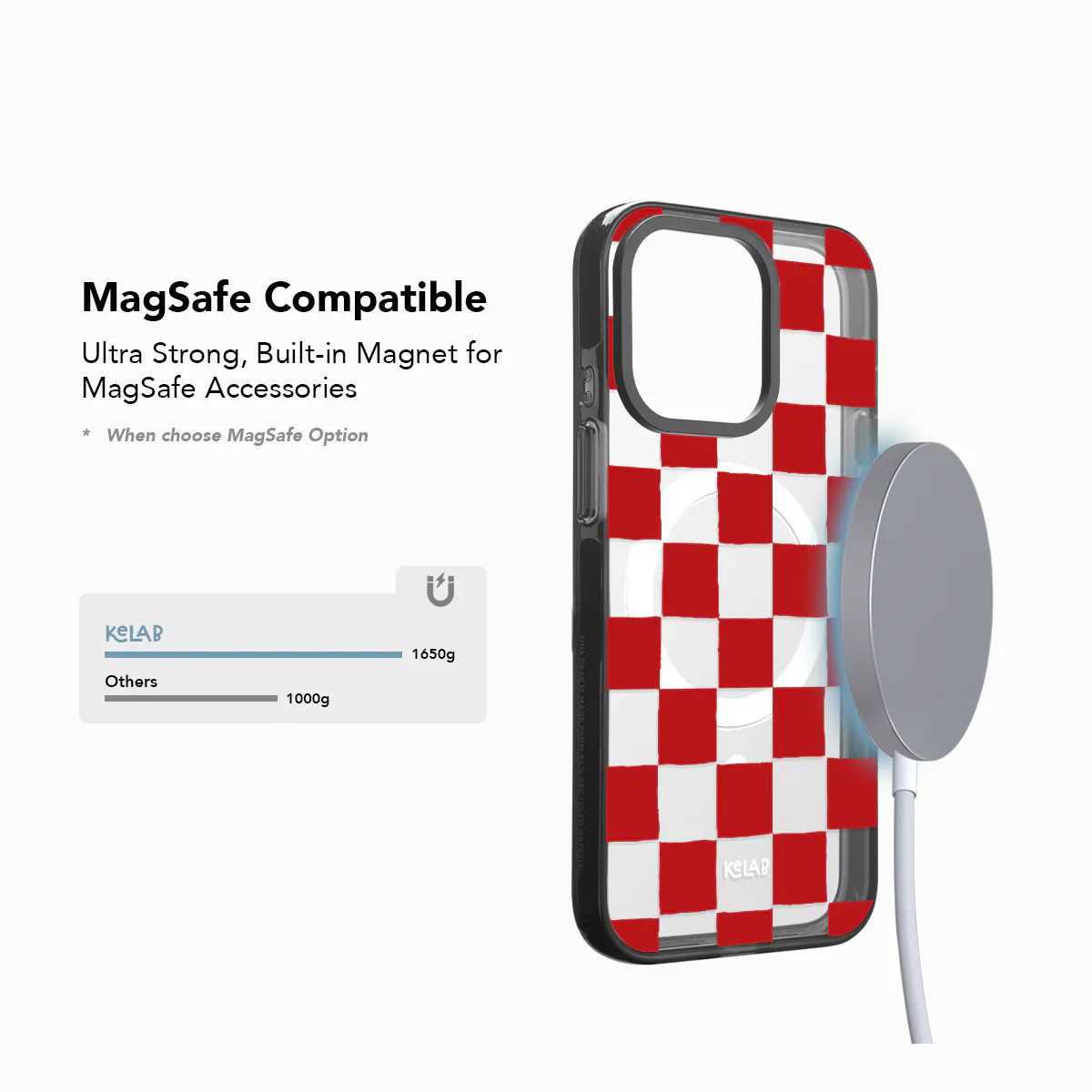 Red checkered phone case with built-in magnet for MagSafe accessories on a white background