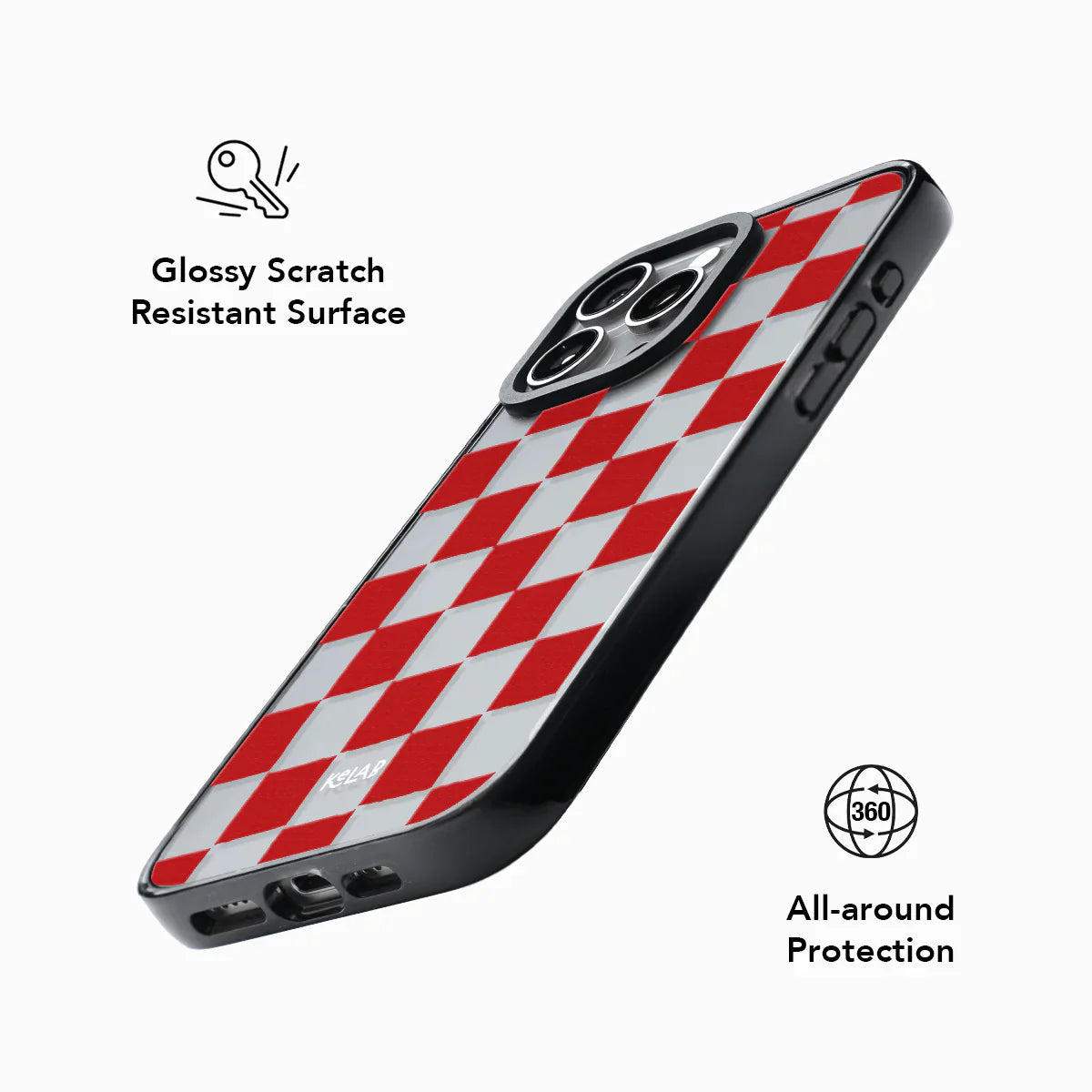 Clear Phone case with red checkered pattern on a white background